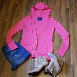 American Eagle | Hooded Hot Pink Cardigan Sweater